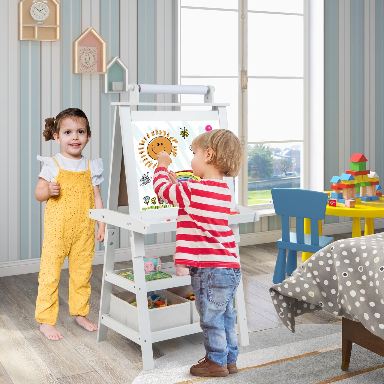 3-in-1 Kids Art Easel with Double-Sided Blackboard-Whiteboard and Paper Roll and Storage Shelves